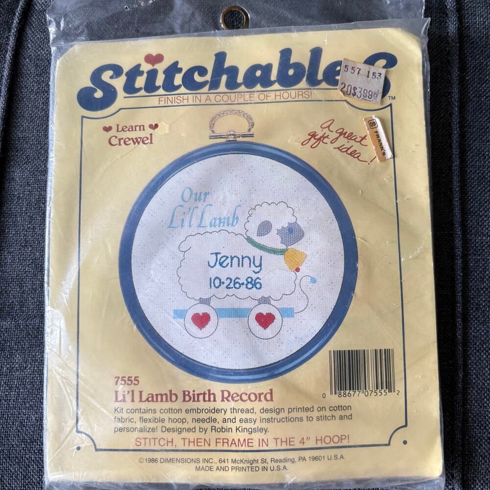 Lil'l Lamb Birth Record Vintage Stamped Embroidery Kit by Stitchables - 1980s